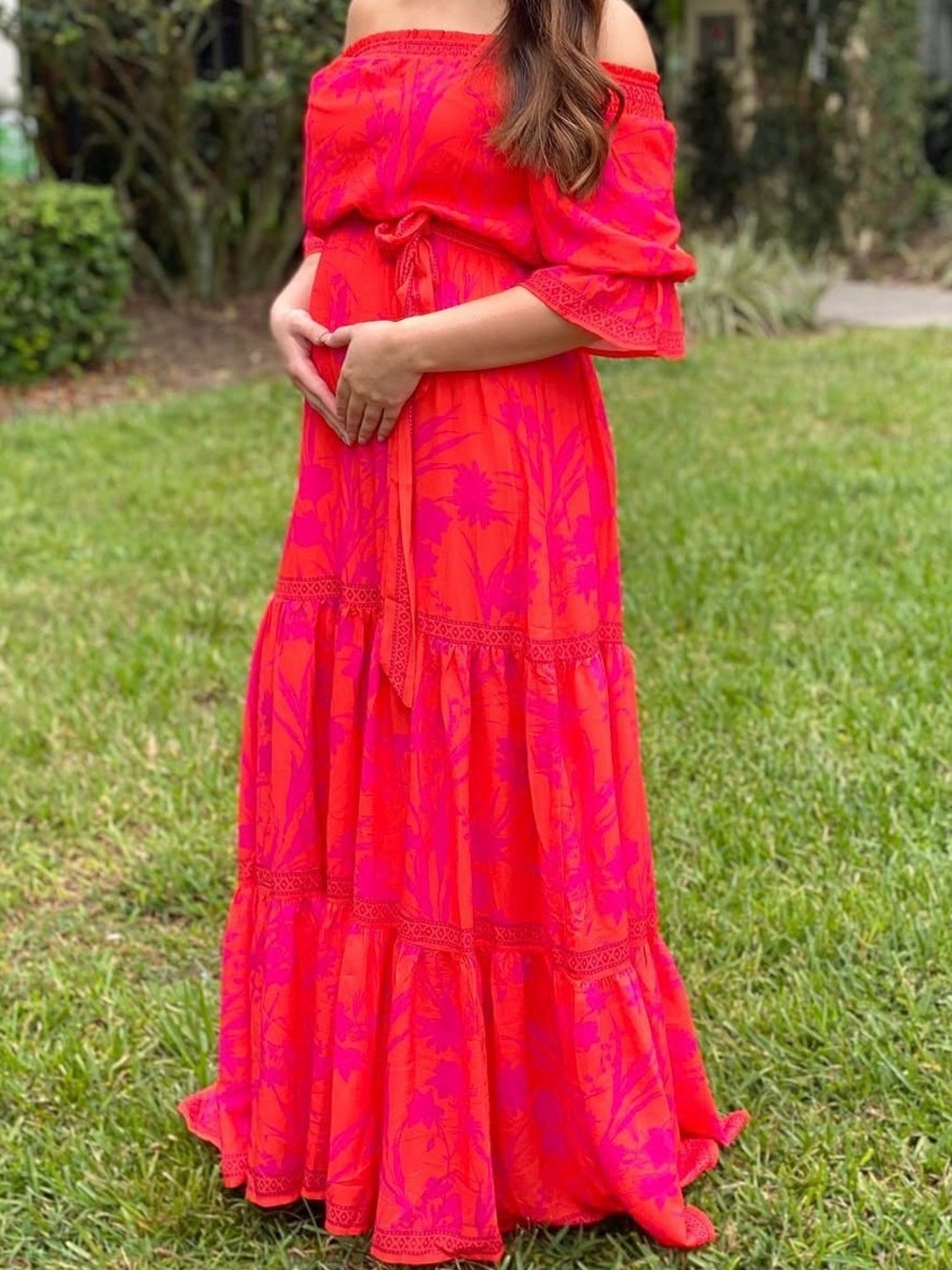Aura Bright Pink and Fuchsia Floral Off-Shoulder Maxi Dress